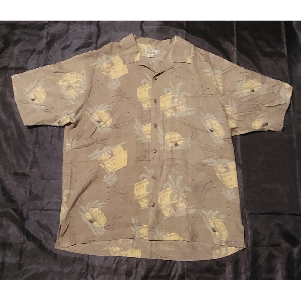 Tommy Bahama Mens L  Polo Shirt Hawaiian Tiki Hut AOP Summer Large 100% Silk EUC